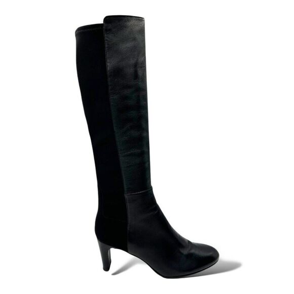 Stuart Weitzman Women Knee High Black Leather and Stretch Fabric Heeled Boot 8.5 - Picture 1 of 15